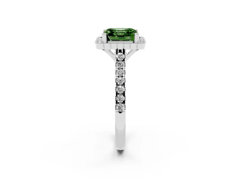 Fancy Green Asscher Cut Diamond Milgrain Floral Halo Engagement Ring Set in Platinum with Pavé Band