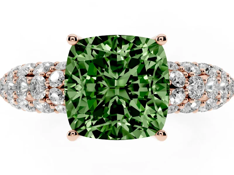 Cushion Cut Multi Row Pave Engagement Ring Setting for a Fancy Green Lab-Grown Diamond | Rose Gold