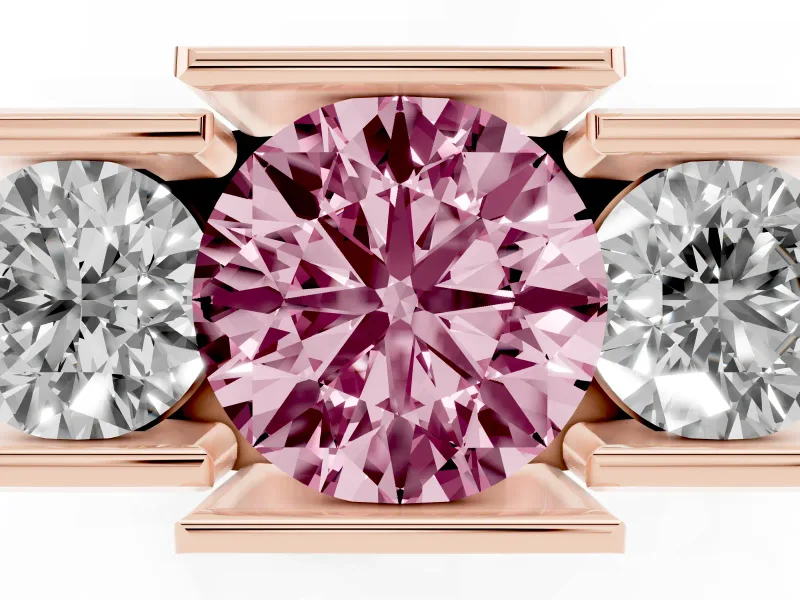 Round Channel-Set Three Stone Engagement Ring Setting for a Fancy Pink Lab-Grown Diamond | Rose Gold