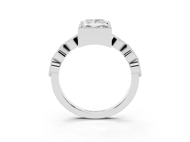 Princess Cut Diamond Vintage-Inspired Milgrain Ring Set in White gold with Marquise Stations of Round Accents