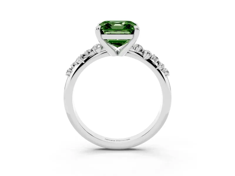 Fancy Green Asscher Cut Diamond Solitaire Vine Band Ring Set in White gold with Round Accents and Prong Setting