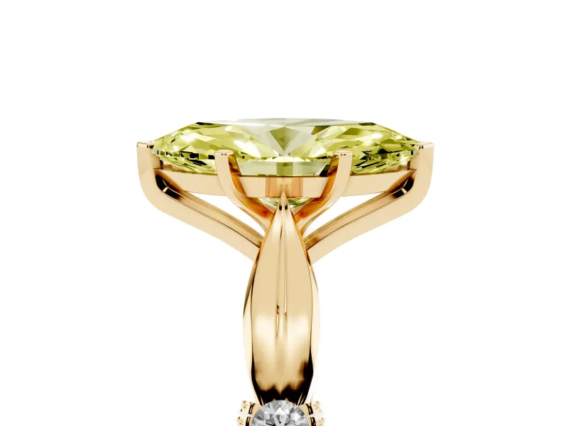 Fancy Yellow Marquise Cut Diamond Solitaire Twisted Band Ring Set in Yellow gold with Accent Stones and Prong Setting
