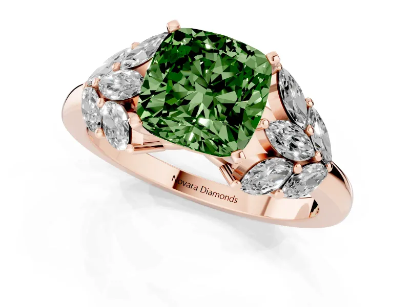 Fancy Green Cushion Cut Diamond Cluster Leaf Design Ring Set in Rose gold with Prong Setting