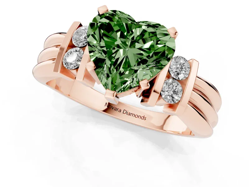 Fancy Green Three-Stone Heart Cut Diamond Channel Set Ring Set in Rose gold with Bar Prongs