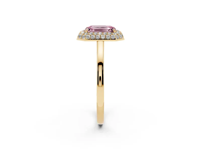 Fancy Pink Emerald Cut Diamond Halo Engagement Ring Set in Yellow gold with Solitaire Band and Prong Setting