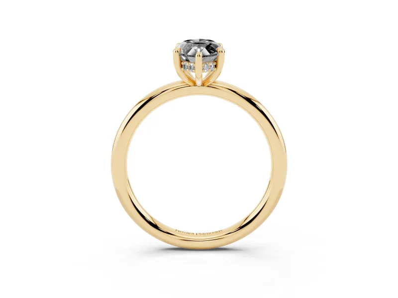 Fancy Black Marquise Cut Diamond Solitaire Ring Set in Yellow gold with Thin Band and Prong Setting