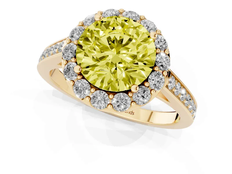 Fancy Yellow Round Cut Diamond Floral Halo Ring Set in Yellow gold with Pavé Band and Prong Setting