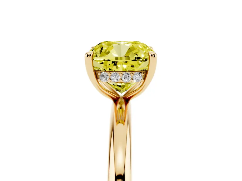 Fancy Yellow Cushion Cut Diamond Solitaire Ring Set in Yellow gold with Thin Band and Prong Setting