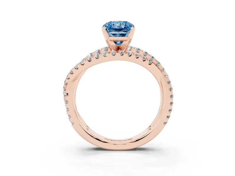 Fancy Blue Radiant Cut Diamond Solitaire Twist Band Ring Set in Rose gold with Pavé Setting and Prong Head