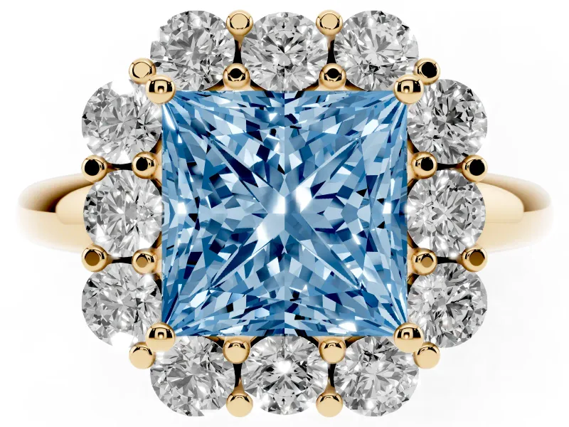 Princess Cut Graduated Milgrain Halo Engagement Ring Setting for a Fancy Blue Lab-Grown Diamond | Yellow Gold