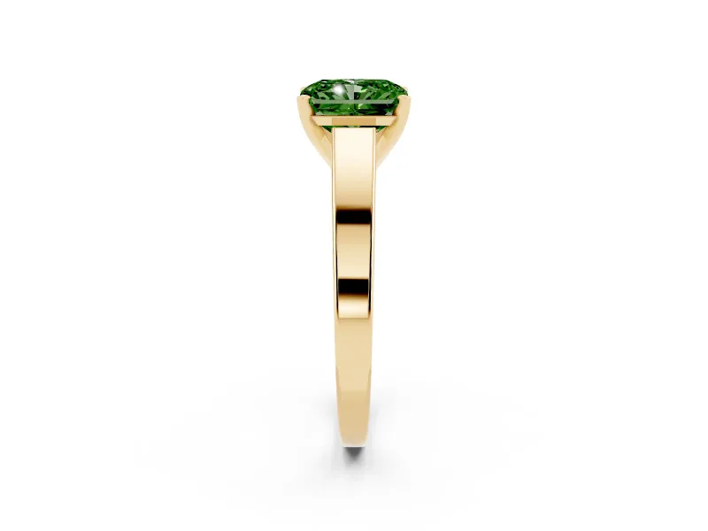 Fancy Green Radiant Cut Diamond Solitaire Engagement Ring Set in Yellow gold with Prong Setting and Tapered Band