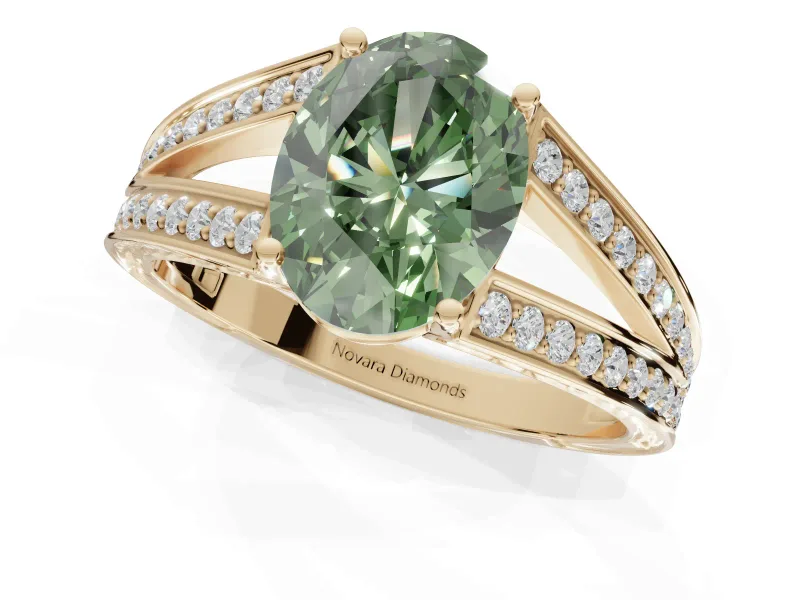 Oval Split Shank Pavé Engagement Ring Setting for a Fancy Green Lab-Grown Diamond | Yellow Gold