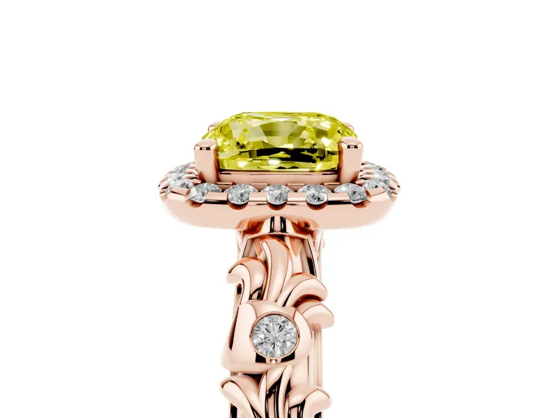 Cushion Cut Leaf Halo Engagement Ring Setting for a Fancy Yellow Lab-Grown Diamond | Bezel Accents | Rose Gold