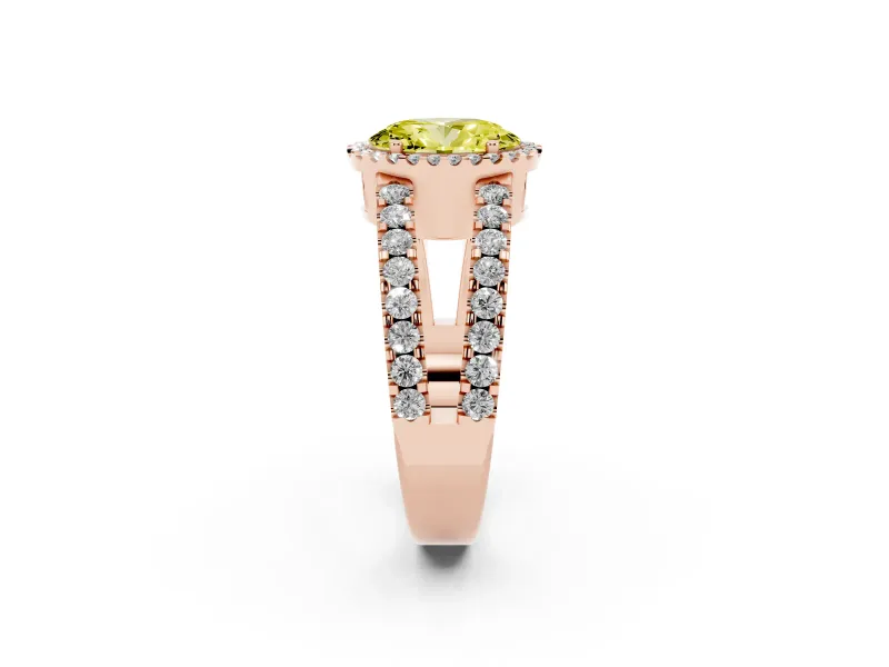 Fancy Yellow Oval Cut Diamond Halo Ring Set in Rose gold with Pavé Split Shank and Prong Setting