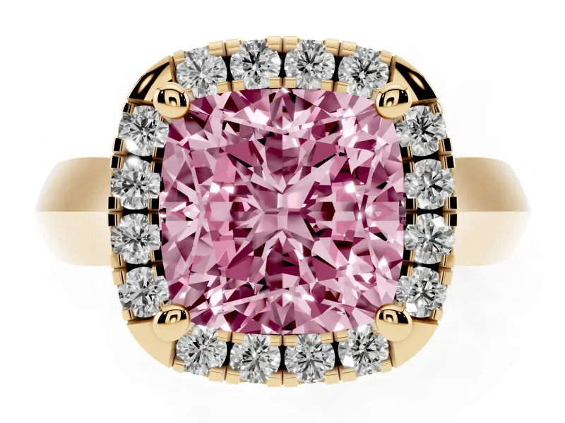 Cushion Cut Halo Engagement Ring Setting for a Fancy Pink Lab-Grown Diamond | Square Profile Band | Yellow Gold