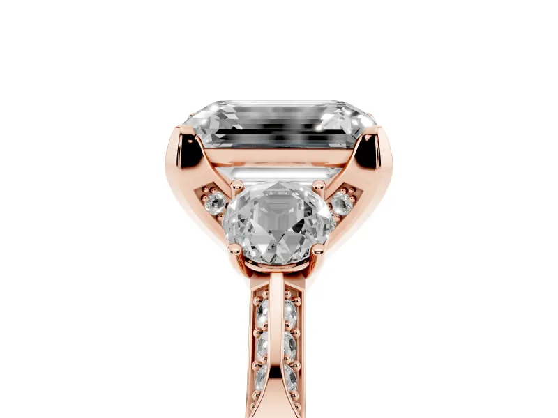 Emerald Cut Hidden Halo Three Stone Engagement Ring Setting for a Fancy Yellow Lab-Grown Diamond | Rose Gold