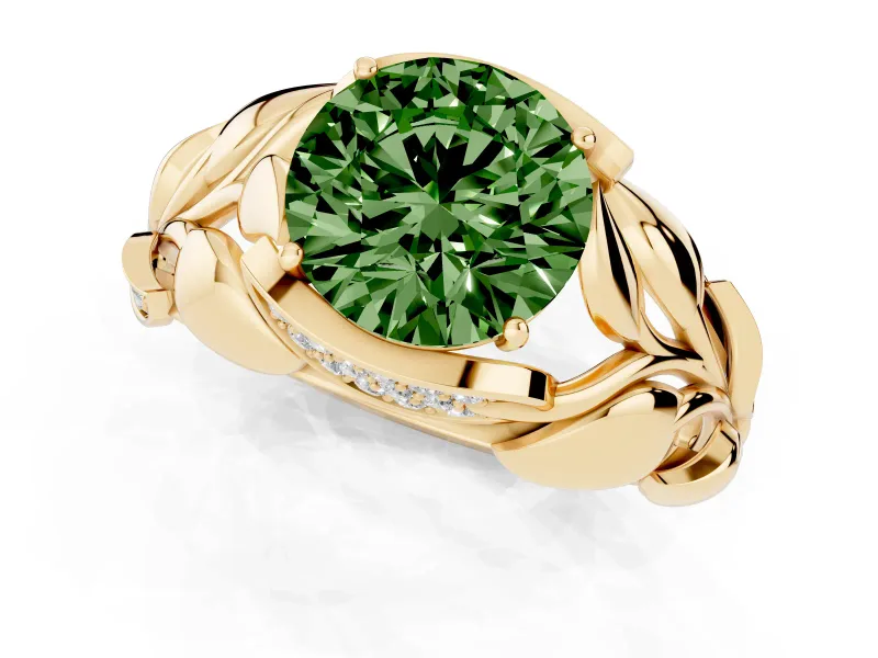 Fancy Green Round Cut Diamond Leaf-Inspired Engagement Ring Set in Yellow gold with Round Accents