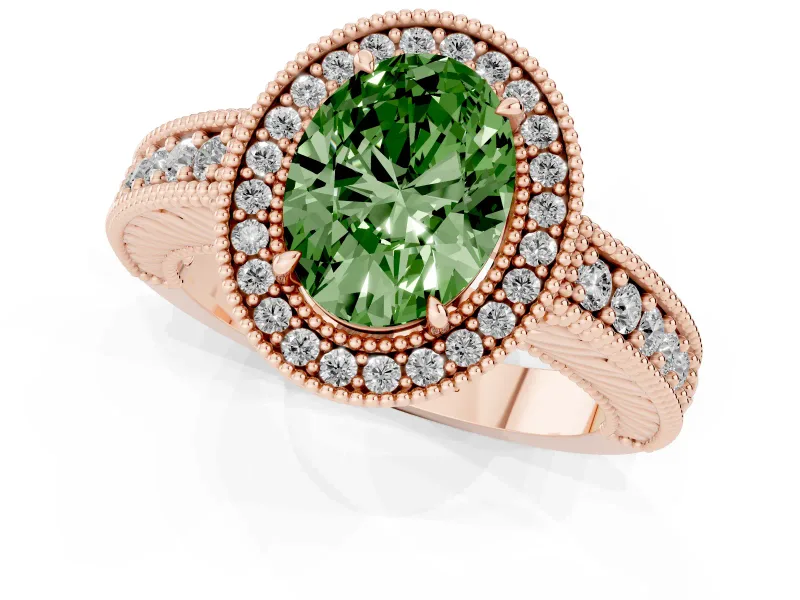 Fancy Green Oval Cut Diamond Halo Ring Set in Rose gold with Round Accent Halo, Pavé Band and Prong Setting