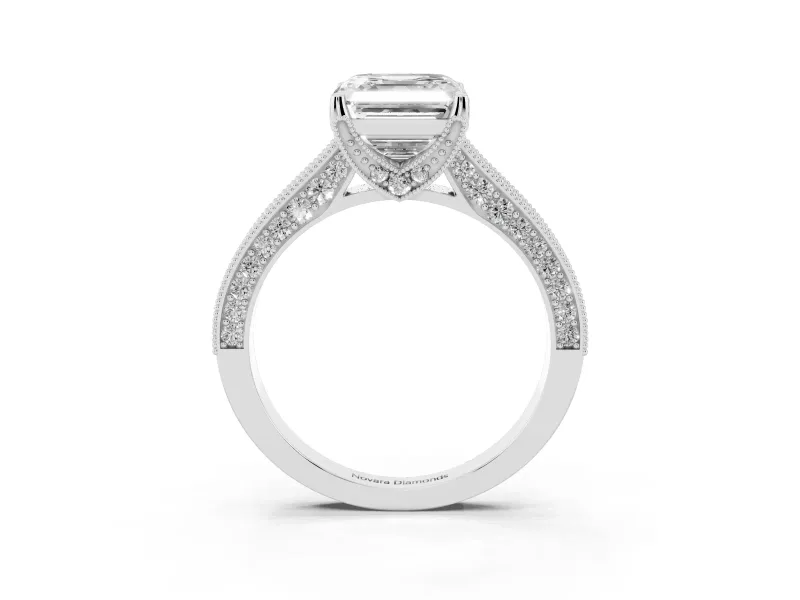 Asscher Cut Vintage Hidden Halo Engagement Ring Setting | Milgrain Pave Band | White Gold