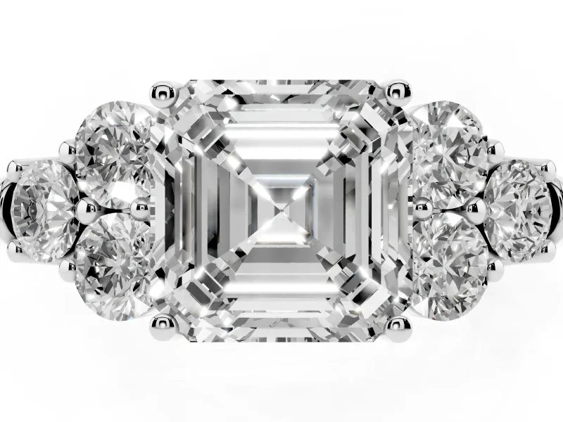 Asscher Cut Side Stone Engagement Ring Setting | Triangle Side Clusters | White Gold