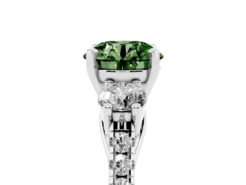 Fancy Green Three-Stone Round Cut Diamond Pavé Band Ring Set in Silver with Prong-Set Trio