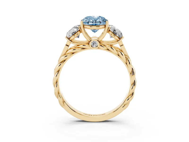 Oval Three Stone Engagement Ring Setting for a Fancy Blue Lab-Grown Diamond | Braided Band | Yellow Gold