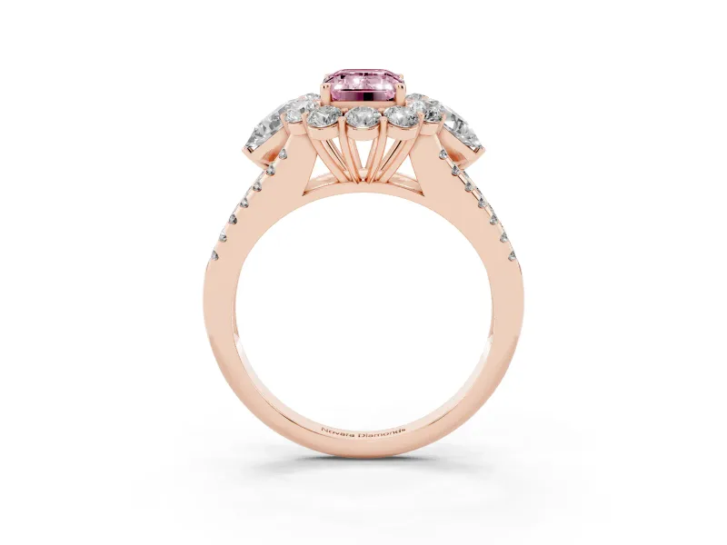 Emerald Cut Scalloped Halo Engagement Ring Setting for a Fancy Pink Lab-Grown Diamond | Pear Side Stones | Rose Gold