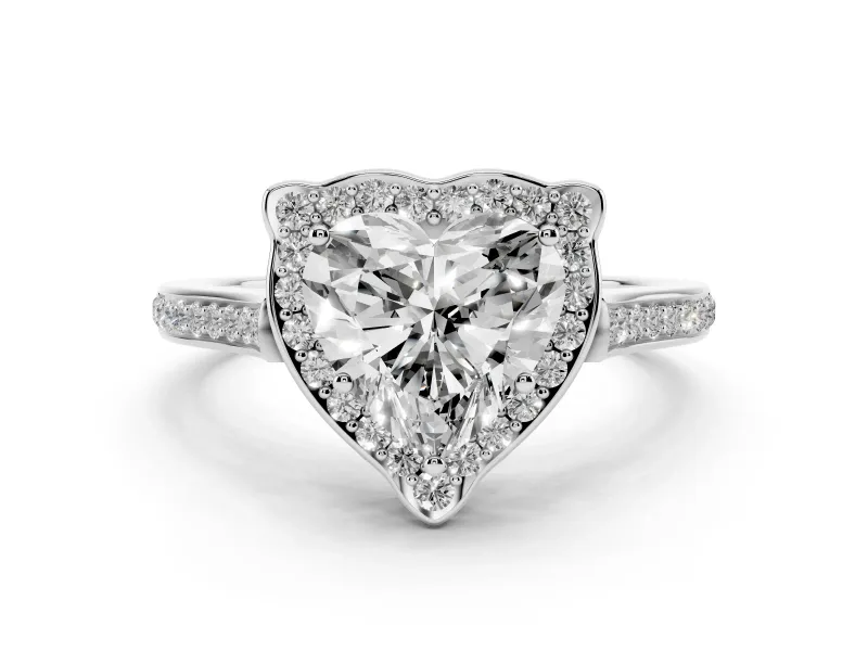 Heart Cut Diamond Halo Ring Set in Platinum with Pavé-Lined Shoulders and Prong Setting