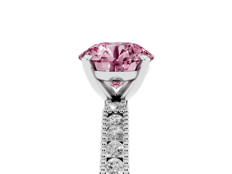 Fancy Pink Round Cut Diamond Solitaire Ring Set in Platinum with Slim Pavé Band and Prong Setting