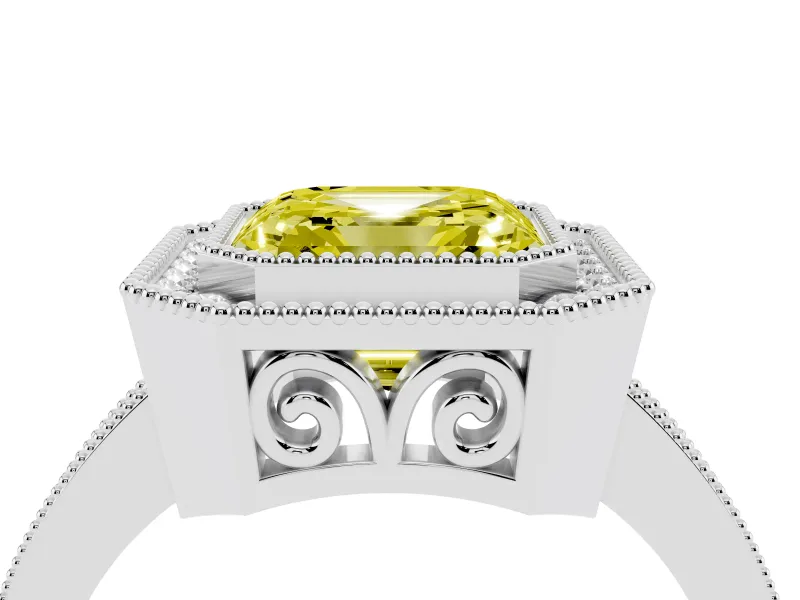 Fancy Yellow Asscher Cut Diamond Halo Ring Set in Silver with Pavé Band and Milgrain-Edged Prongs