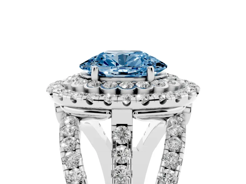 Oval Double Halo Split Shank Engagement Ring Setting for a Fancy Blue Lab-Grown Diamond | Pave Strands | Platinum