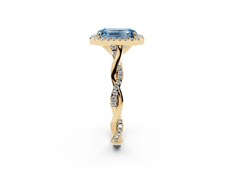 Emerald Cut Twist Halo Engagement Ring Setting for a Fancy Blue Lab-Grown Diamond | Yellow Gold