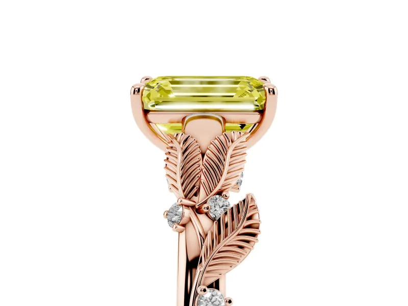 Emerald Cut Leaf Solitaire Engagement Ring Setting for a Fancy Yellow Lab-Grown Diamond | Rose Gold