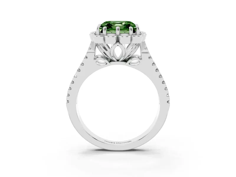 Asscher Cut Floral Halo Engagement Ring Setting for a Fancy Green Lab-Grown Diamond | Pavé Split Shank | Sterling Silver