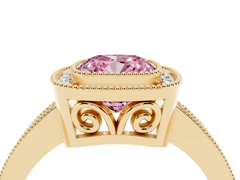 Fancy Pink Cushion Cut Diamond Halo Ring Set in Yellow gold with Pavé Band and Milgrain-Edged Prongs