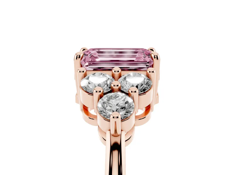 Fancy Pink Emerald Cut Diamond Solitaire Ring Set in Rose gold with Cluster Accents on Each Side