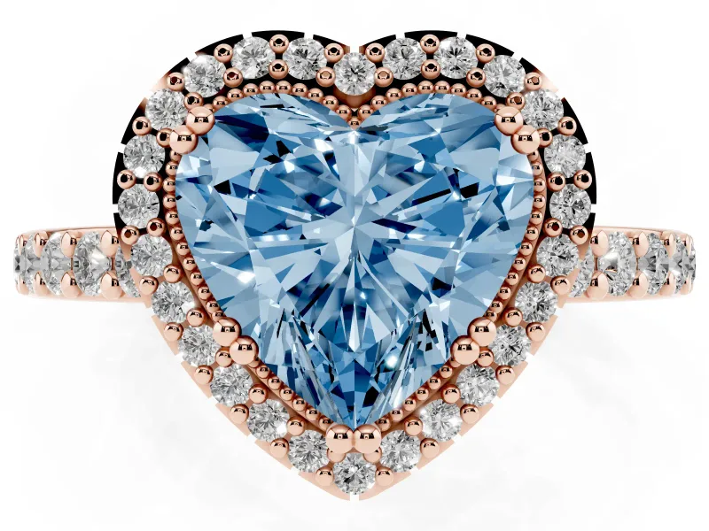Fancy Blue Heart Cut Diamond Halo Engagement Ring Set in Rose gold with Milgrain Detail and Pavé Band