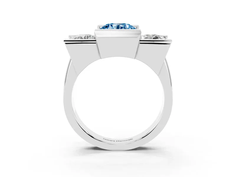 Fancy Blue Round Cut Diamond Three-Stone Channel Set Ring Set in Platinum with Smooth Polished Band