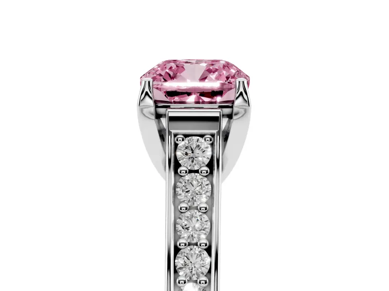 Fancy Pink Cushion Cut Diamond Solitaire Pavé Engagement Ring Set in Platinum with Prong Setting
