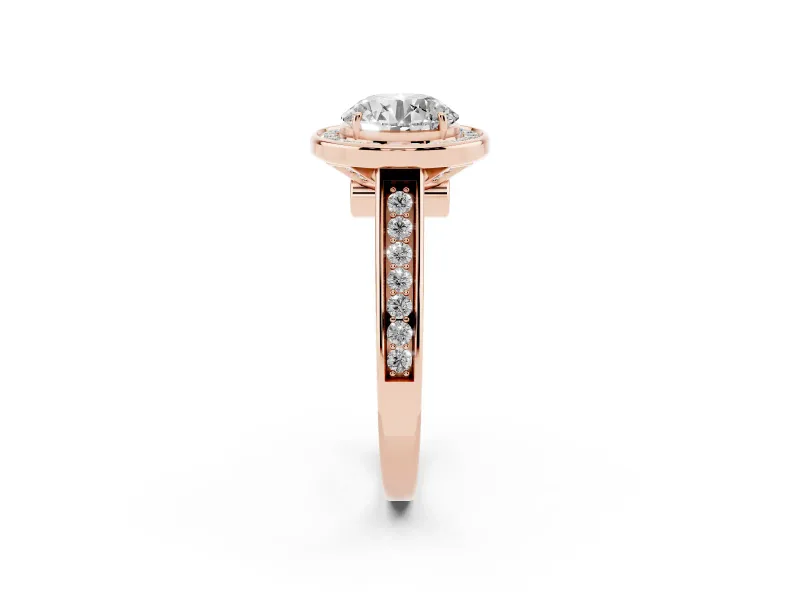 Round Cut Diamond Halo Solitaire Ring Set in Rose gold with Pavé Band and Bezel Setting