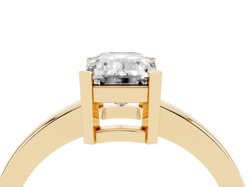 Emerald Cut Diamond Solitaire Ring Set in Yellow gold with Prong Head and Smooth Polished Band
