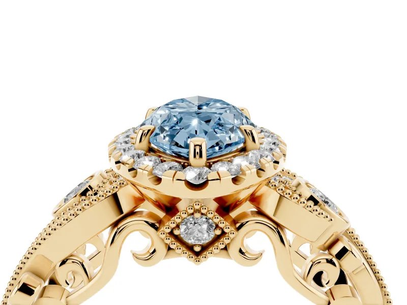 Marquise Vintage Halo Engagement Ring Setting for a Fancy Blue Lab-Grown Diamond | Bezel Shoulder Accents | Yellow Gold