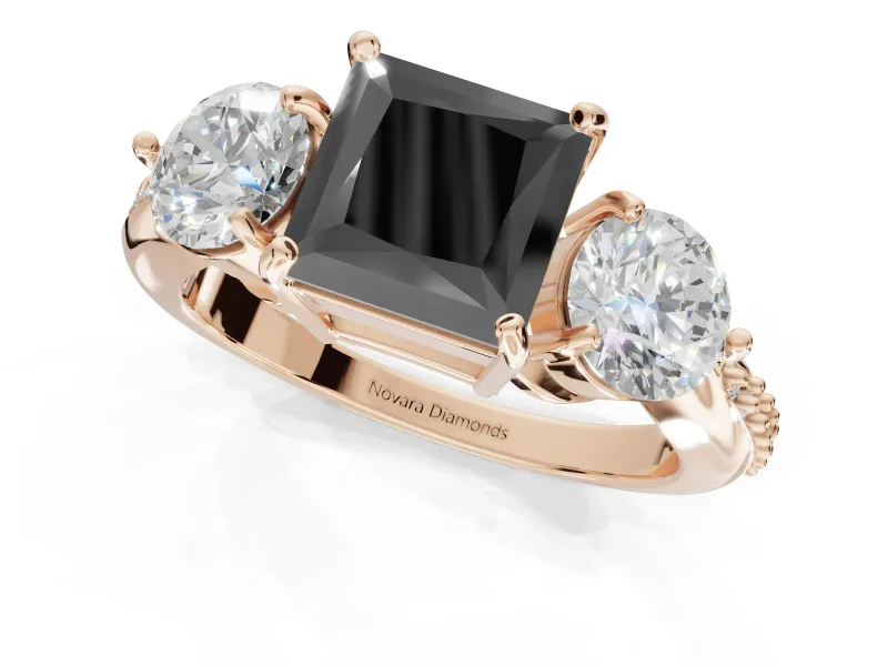 Princess Cut Three Stone Engagement Ring Setting for a Black Center | Tapered Pavé Band | Rose Gold