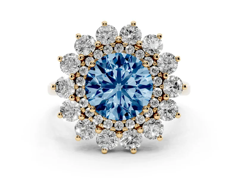 Fancy Blue Round Cut Diamond Floral Double Halo Ring Set in Yellow gold with Round Petals