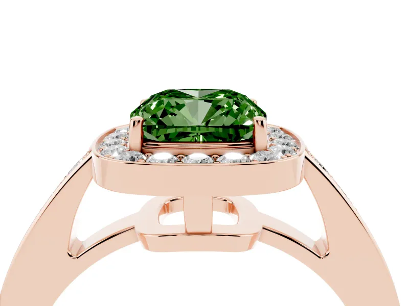 Fancy Green Cushion Cut Diamond Halo Pavé Engagement Ring Set in Rose gold with Bezel Setting