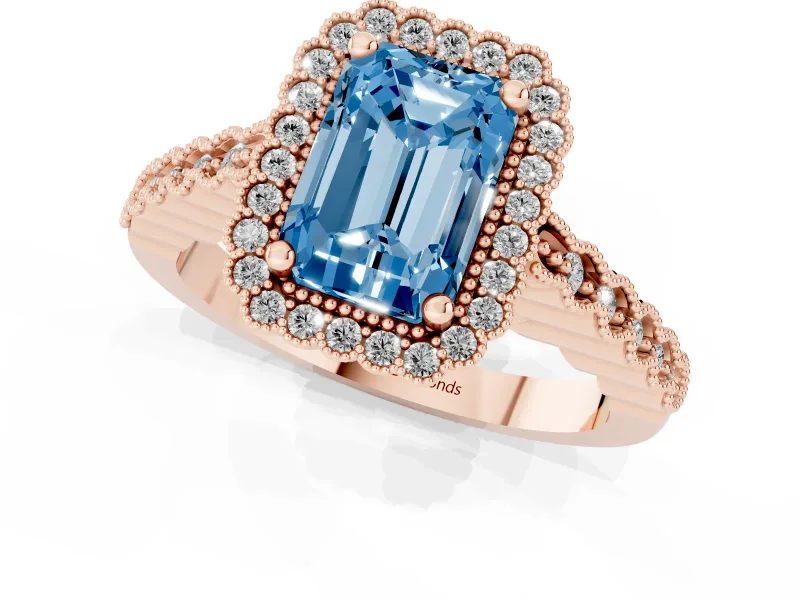 Radiant Cut Milgrain Halo Engagement Ring Setting for a Fancy Blue Lab-Grown Diamond | Beaded Shoulders | Rose Gold