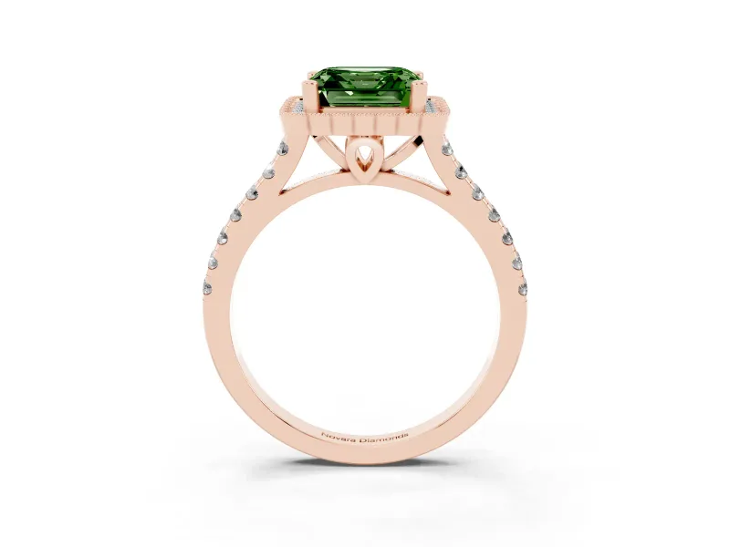 Fancy Green Asscher Cut Diamond Milgrain Floral Halo Engagement Ring Set in Rose gold with Pavé Band