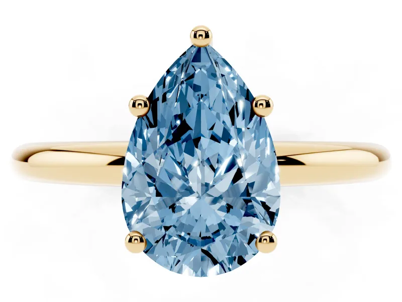 Fancy Blue Pear Cut Diamond Solitaire Engagement Ring Set in Yellow gold with Prong Setting and Polished Band
