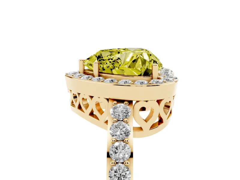 Fancy Yellow Heart Cut Diamond Halo Ring Set in Yellow gold with Pavé-Setting Band and Open Prong Center