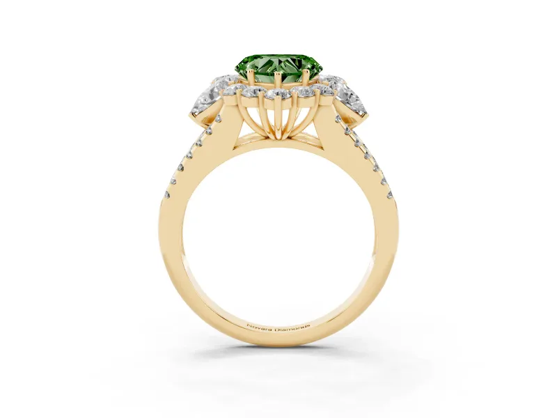 Fancy Green Heart Cut Diamond Halo Split Shank Engagement Ring Set in Yellow gold with Prong-Held Center Stone